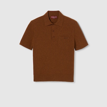 GUCCI Wool Cashmere Rib Knit Polo Shirt, Size M