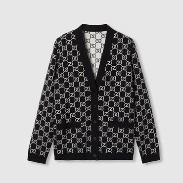GUCCI Reversible GG Wool Jacquard Cardigan, Size XS
