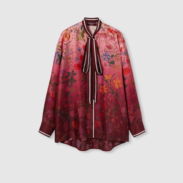GUCCI Printed Silk Shirt With Neck Bow, Size 38 IT