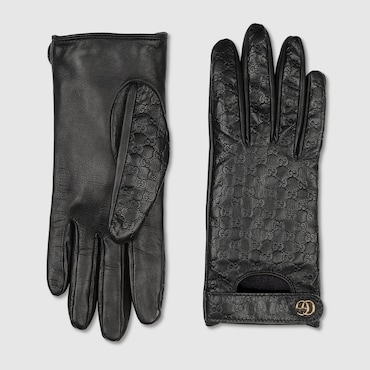 GUCCI GG Leather Gloves With Double G, Size 8.5