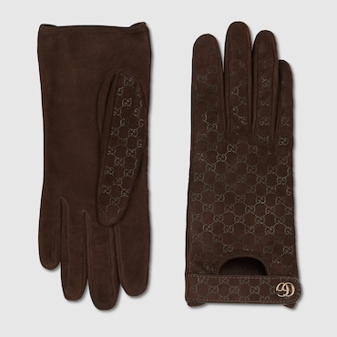 GUCCI GG Leather Gloves With Double G, Size 7.5
