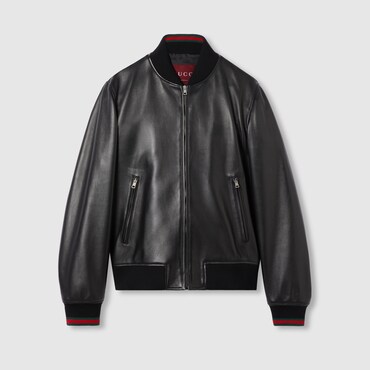 GUCCI Leather Bomber Jacket With Web, Size 50 IT