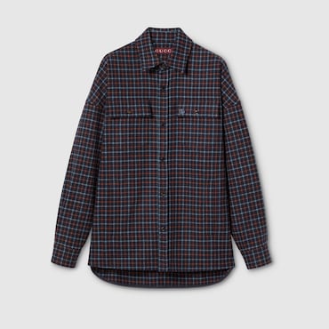 GUCCI Brushed Check Wool Shirt, Size 56