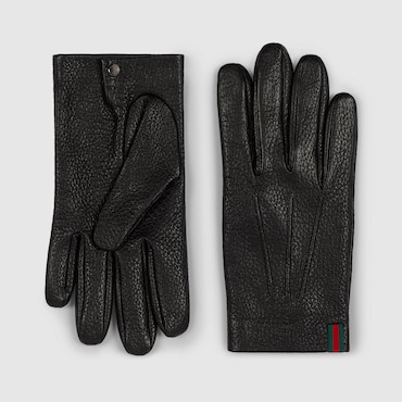 GUCCI Grainy Leather Gloves With Web, Size 9