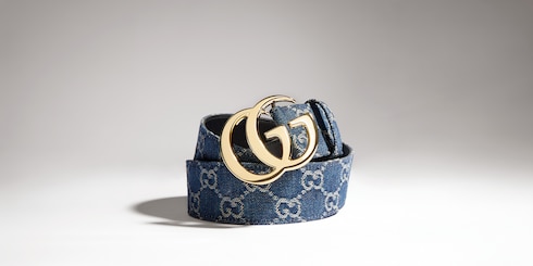GG Marmont wide belt in dark blue GG denim | GUCCI® US