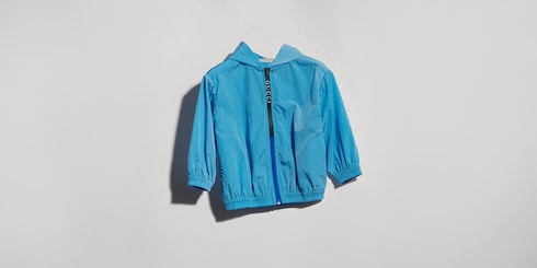 Baby nylon froissé jacket in light blue | GUCCI® INT