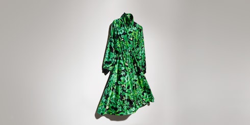 Printed shiny stretch silk long dress