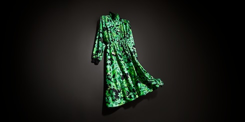 Printed shiny stretch silk long dress