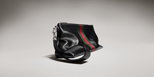 Web Trademark medium pouch in black leather | GUCCI® US