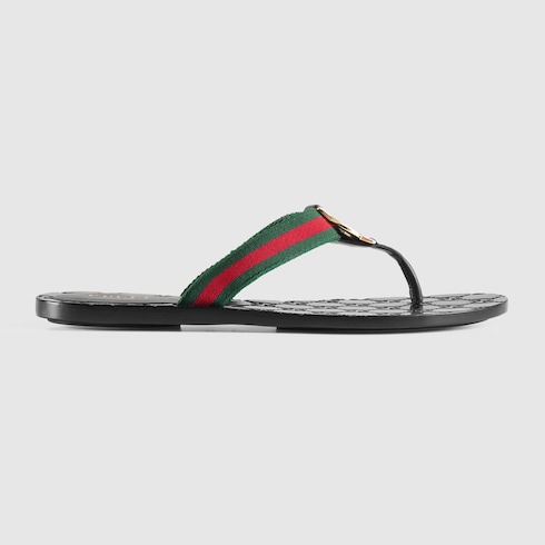 Gucci Leather & Nylon Thong Sandals In 8476 Green