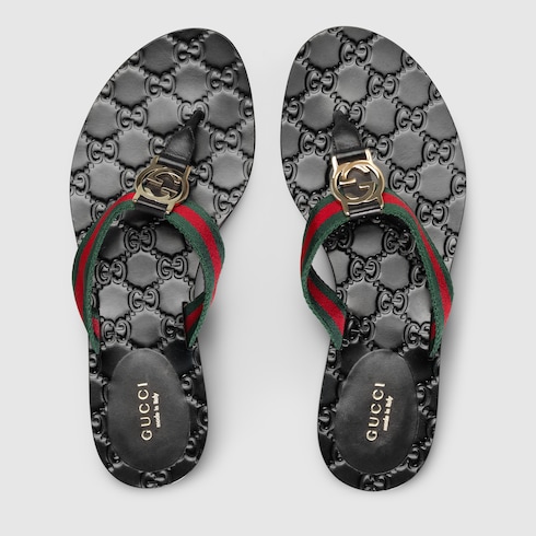 Gucci Leather & Nylon Thong Sandals In 8476 Green