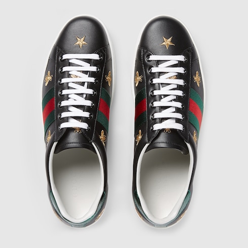 Gucci New Ace Bee-Embroidered Leather Trainers In Black