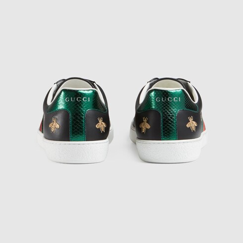 Gucci New Ace Bee-Embroidered Leather Trainers In Black