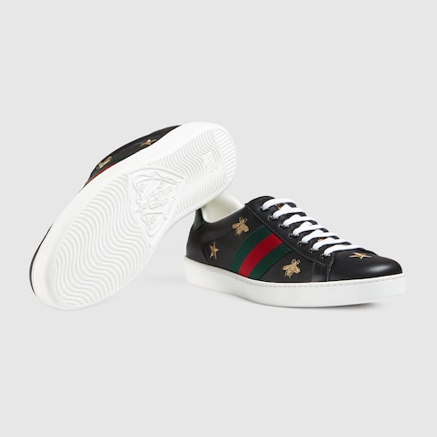 Gucci New Ace Bee-Embroidered Leather Trainers In Black