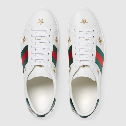 Gucci Bee And Star-Embroidered Low-Top Leather Trainers In White