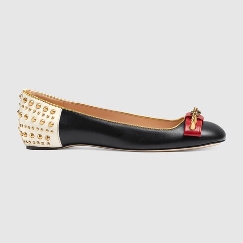 Click to view more detailed imagery on our partner's website Gucci Studded Leather Ballet Flats In Black/red/white Leather