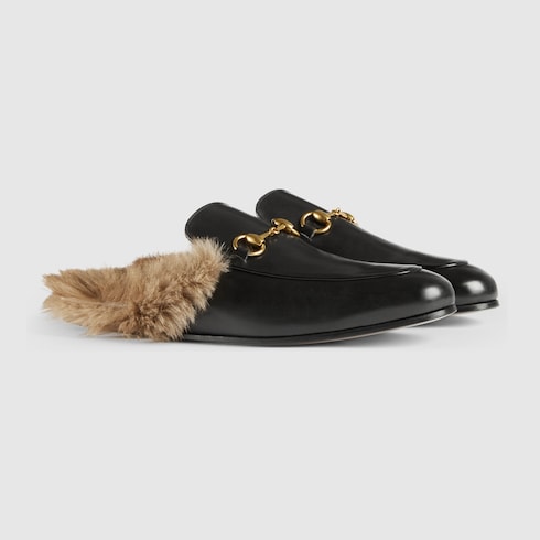 Black Leather Princetown Men's Slipper With Lamb Wool | GUCCI® US