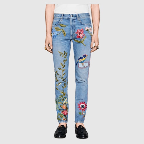 Embroidered denim trousers in light blue denim GUCCI NO