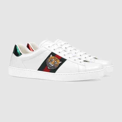 Gucci New Ace Tiger-Embroidered Leather Trainers In White