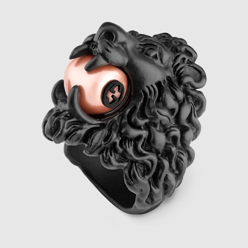 Lion head ring with glass pearl
