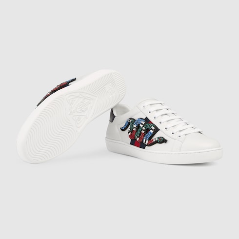 Gucci New Ace Crystal-Embroidered Snake Leather Low-Top Sneakers In White