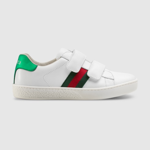 Children's Ace Sneaker White Leather Velcro With Green & Red Web