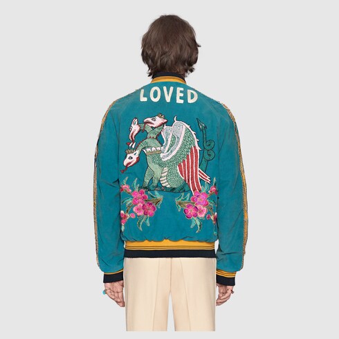 Shop Gucci Embroidered Corduroy Bomber Jacket In Blue Corduroy