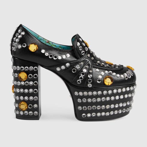 Gucci Crystal Studded Platform Loafer Pumps In Black