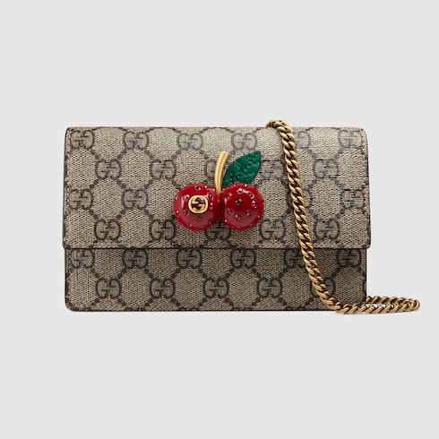 Beige GG Supreme mini bag with cherries 