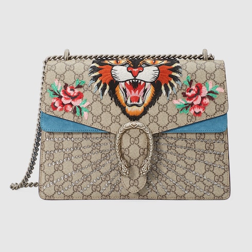 Gucci Dionysus Medium Appliquéd Printed Coated-canvas And Suede Shoulder Bag In Blue