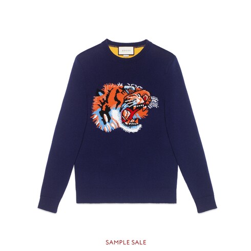 Gucci Blue Wool Tiger-Intarsia Jumper L Gucci | The Luxury Closet