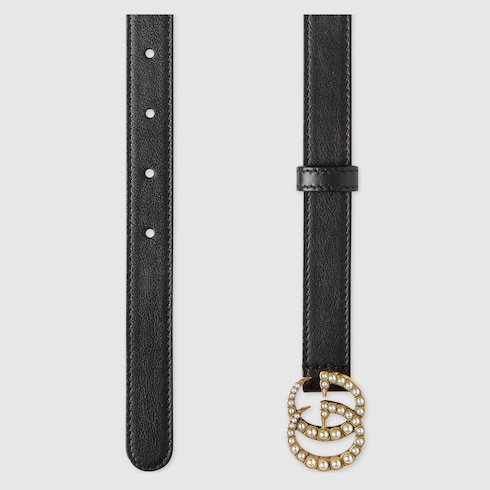 Schmaler GG Marmont Gürtel mit Perlen in Schwarzes Leder | GUCCI® DE