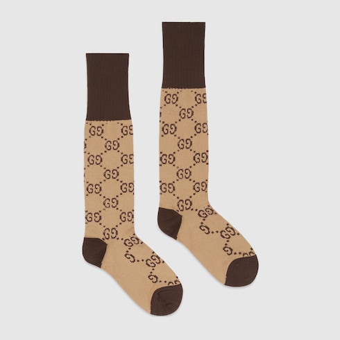 Beige Cotton GG Pattern Blend Socks 