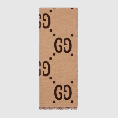 Gucci GG Wool Silk Scarf Tan