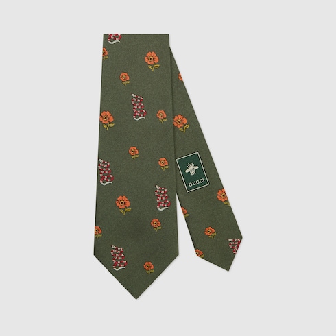 Snakes and flowers patterns silk tie  Detail 2