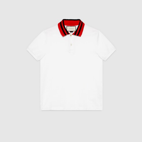 Cotton polo with Web collar in White stretch cotton piquet with knitted ...