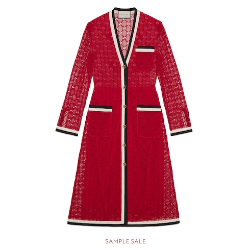 Gg Macramé Long Sleeve Dress In Hibiscus Red With Black Gg Macramé Long Sleeve Dress In Hibiscus Red With Black And White Ribbon Trim Gucci Women S Dresses