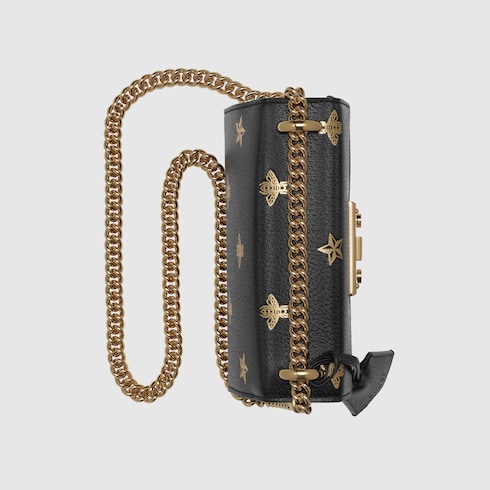 Padlock Bee Star small shoulder bag in Black leather with gold bees and stars print | Gucci ...