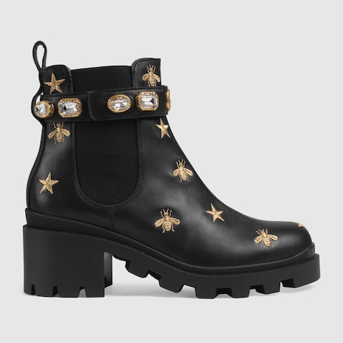 Black Leather Embroidered Ankle Boot 