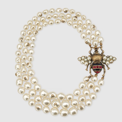 Aged Gold Finish Glass Pearl Necklace With Bee Gucci Us Aged Gold Finish Glass Pearl Necklace