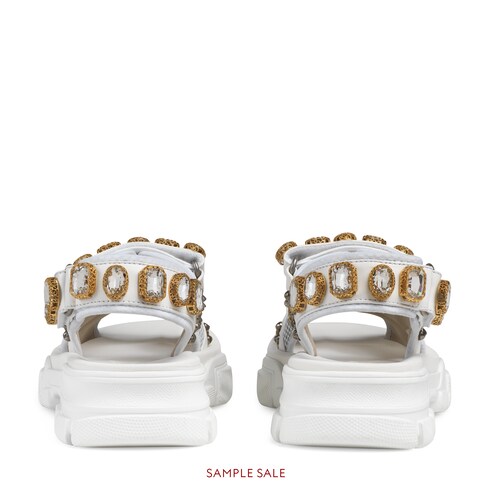 gucci leather and mesh sandal with crystals