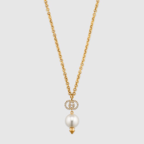 Long necklace - Metal & glass pearls, gold, pearly white & blue — Fashion