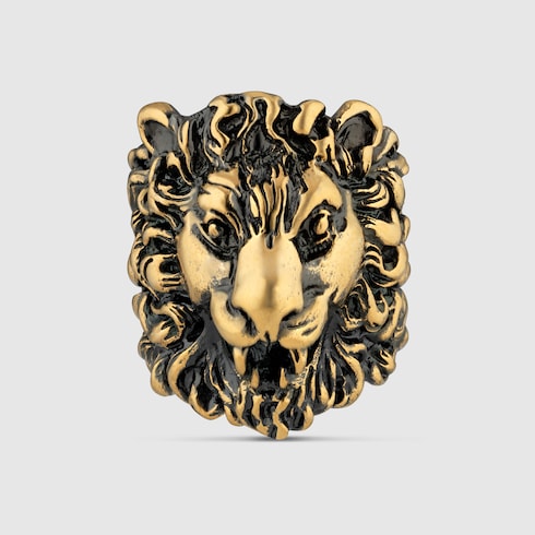 Aged Gold Finish Lion Head Ring | GUCCI® US