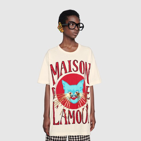 Off White Cotton Oversize T Shirt With Cat Print Gucci Nl