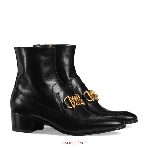 Black Leather Men's Horsebit Chain Boot | GUCCI® US