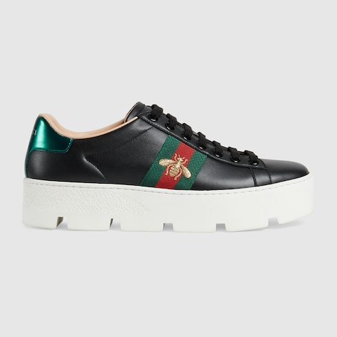 Women's Ace Platform Sneaker Black Leather With Bee | GUCCI® US