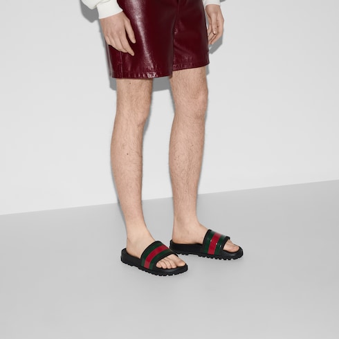 Black Rubber Web Slide Sandal | GUCCI® HK