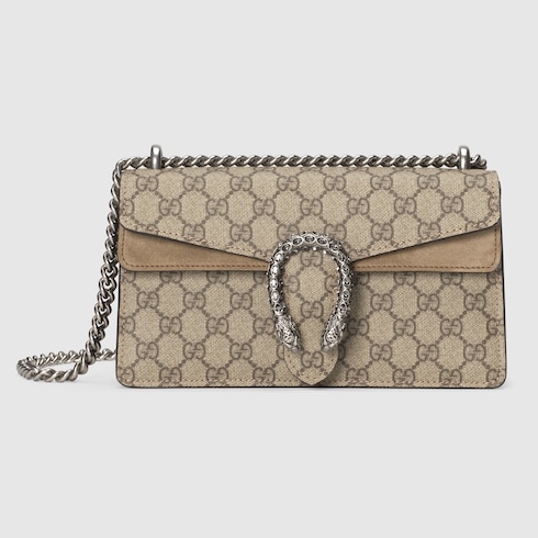 Dionysus GG small rectangular bag in GG Supreme and taupe suede | GUCCI® UK