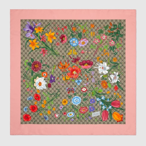 Carré in twill di seta con stampa Flora