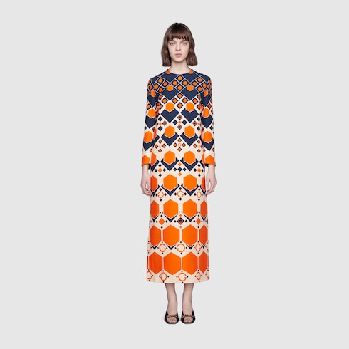 Orange Long G hexagon print wool silk dress | GUCCI® US